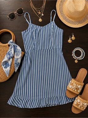 Blue and White Striped Spaghetti Strap Sundress